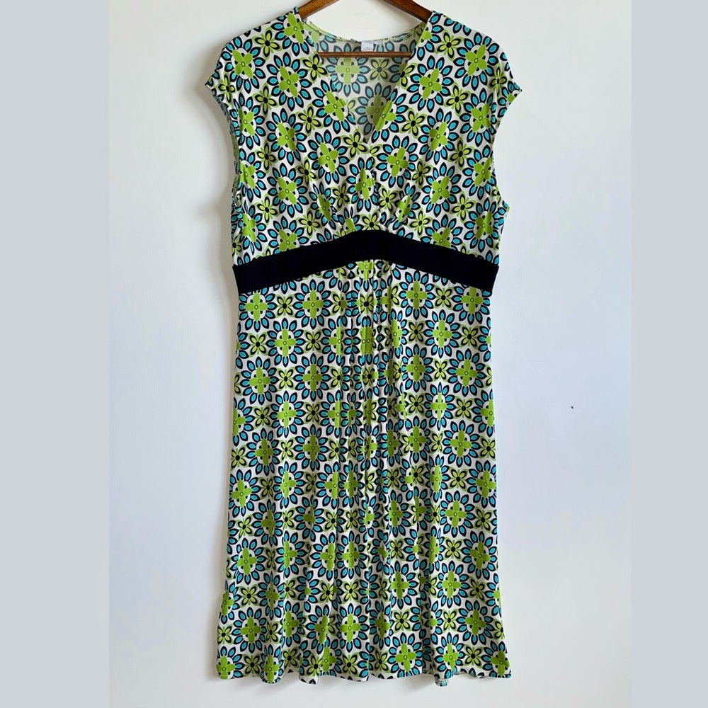 Dressbarn V-neck Empire Waist Midi Dress Green & Blue Retro Floral Women's Sz 16